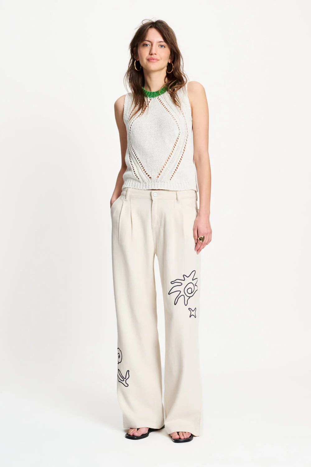 Jeans White Embroidery Beige SP9567 - Image 5