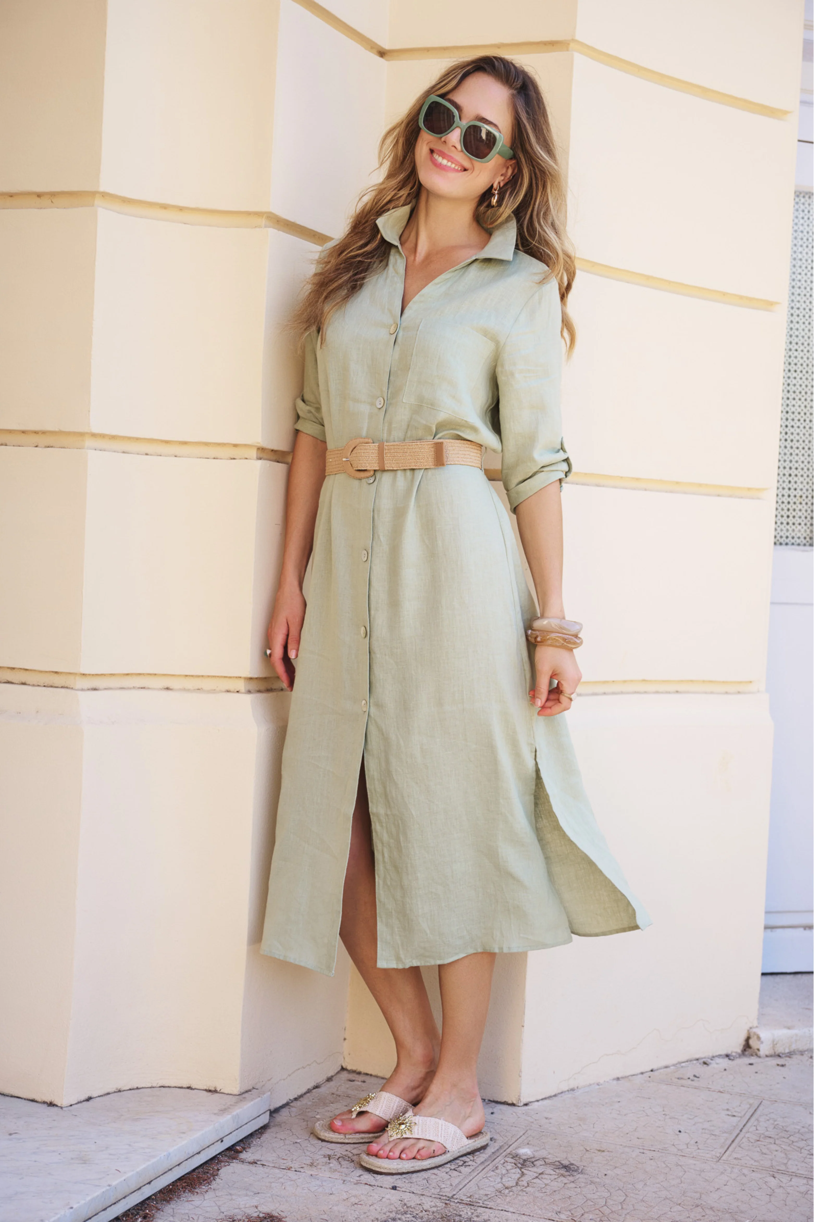 Jurk Maxi Belt Linen Soft Green HS26.28228